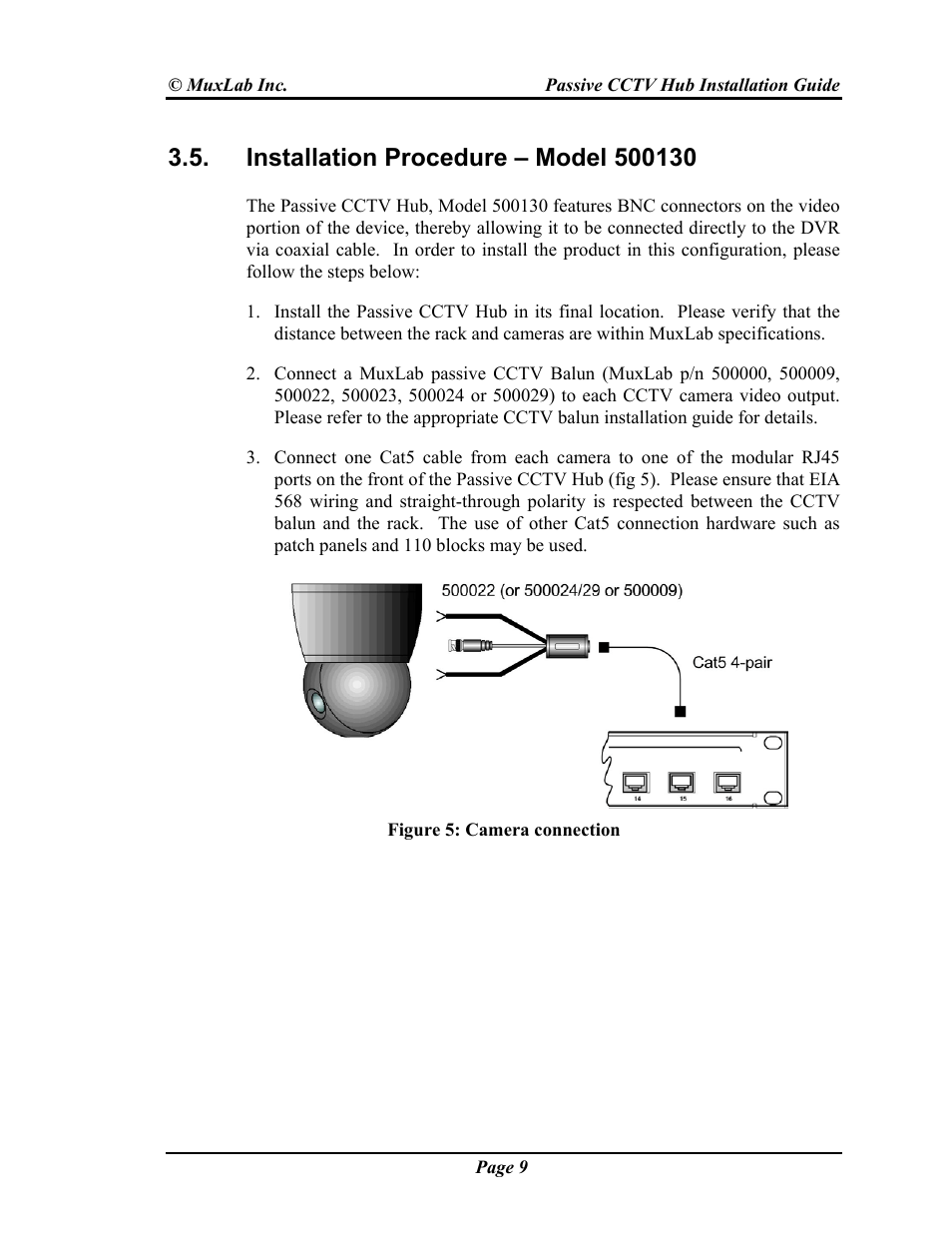 Installation procedure – model 500130 | Muxlab Passive CCTV Hub User Manual | Page 9 / 22