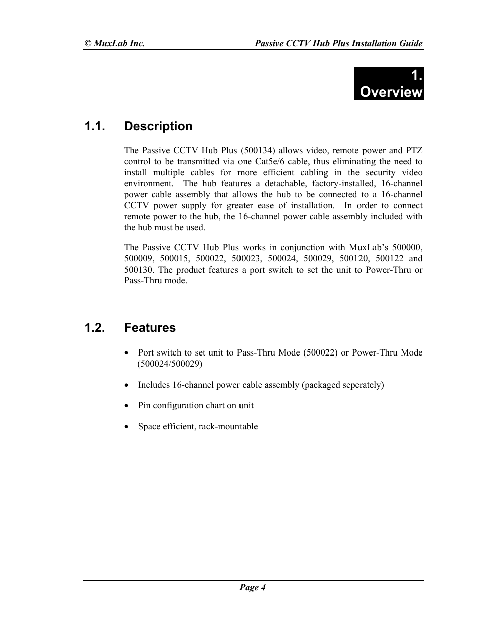 Overview | Muxlab Passive CCTV Hub Plus User Manual | Page 4 / 20