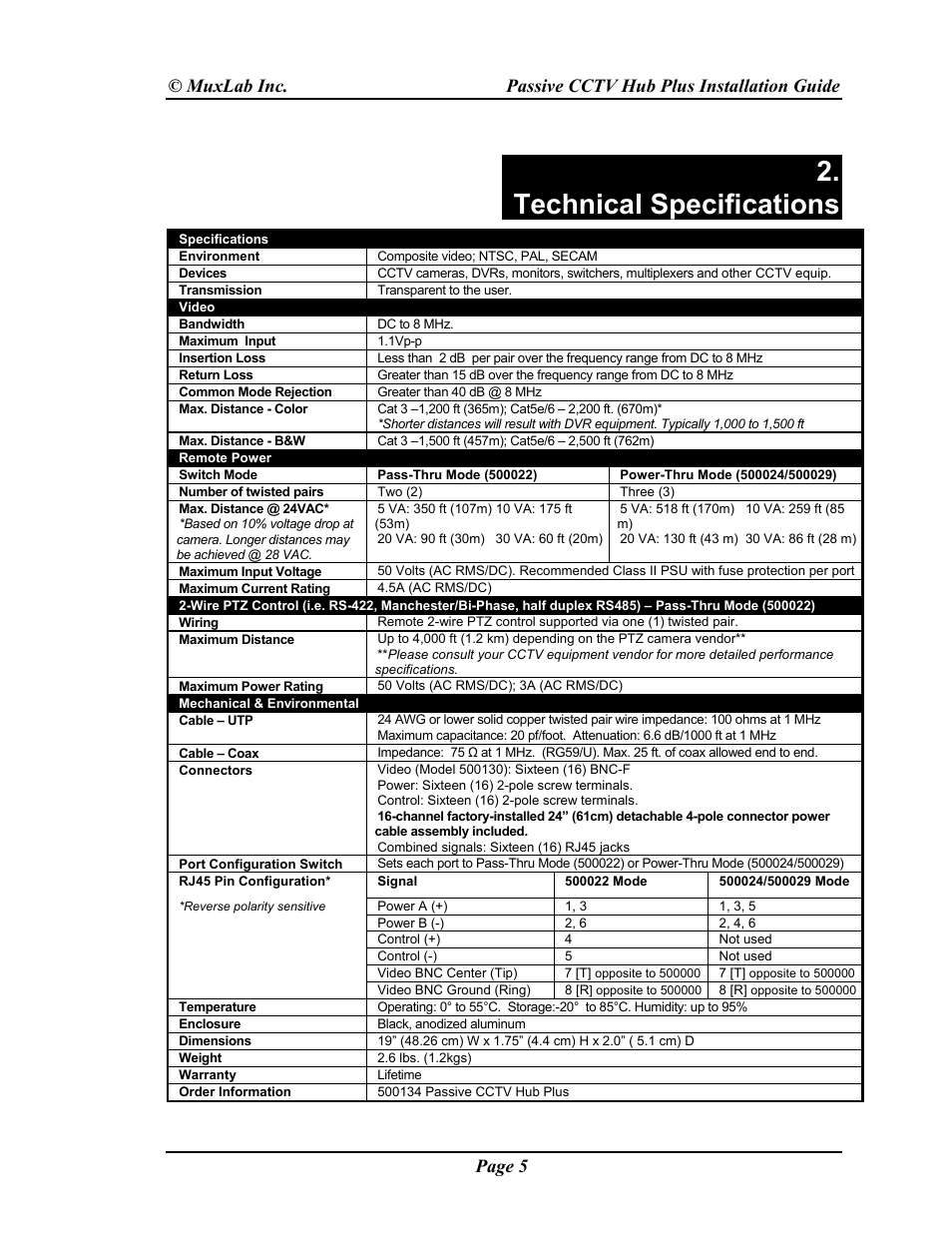 Technical specifications | Muxlab Passive CCTV Hub Plus User Manual | Page 5 / 20