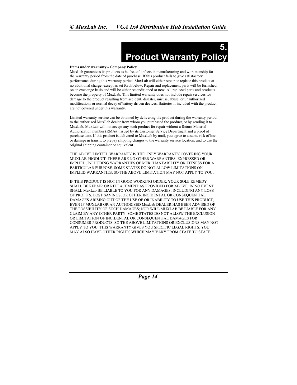 Product warranty policy | Muxlab VGA 1x4 Hub User Manual | Page 14 / 16