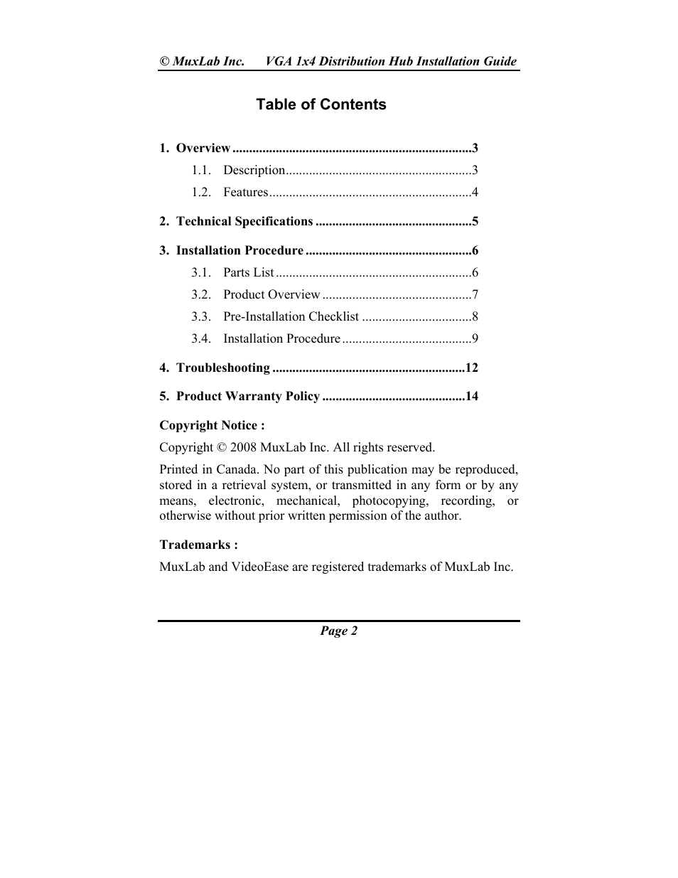 Muxlab VGA 1x4 Hub User Manual | Page 2 / 16