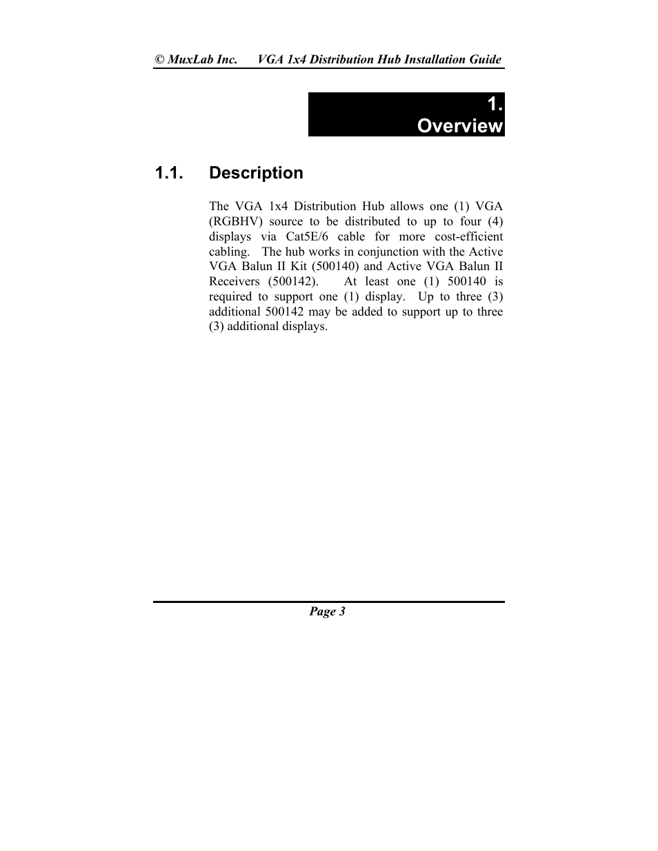Overview | Muxlab VGA 1x4 Hub User Manual | Page 3 / 16