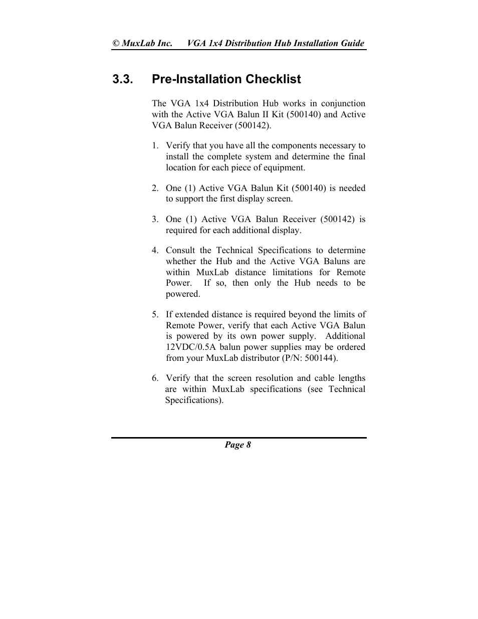 Pre-installation checklist | Muxlab VGA 1x4 Hub User Manual | Page 8 / 16