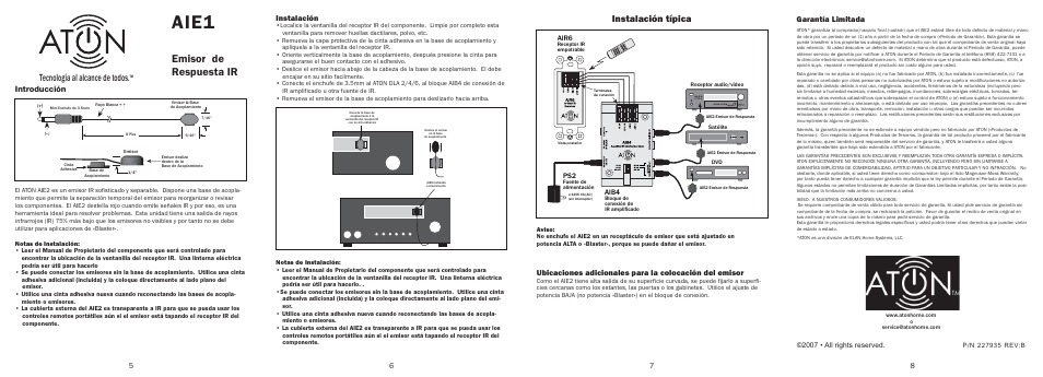Aie1, Emisor de respuesta ir, Tecnología al alcance de todos | Instalación típica, Introducción, Instalación, 8garantía limitada | ATON Talk Back IR Emitter AIE2 User Manual | Page 2 / 2