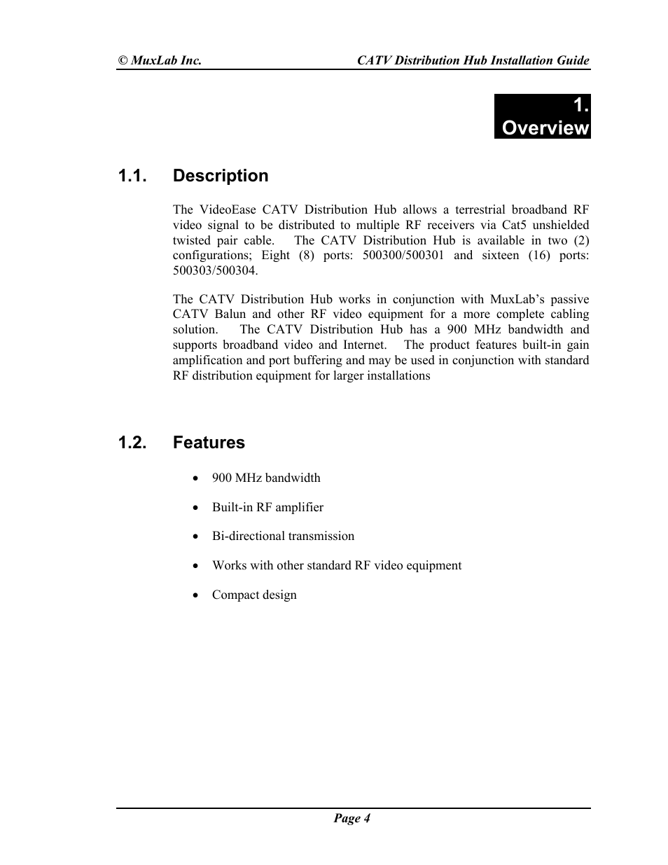 Overview | Muxlab CATV Hub User Manual | Page 4 / 16