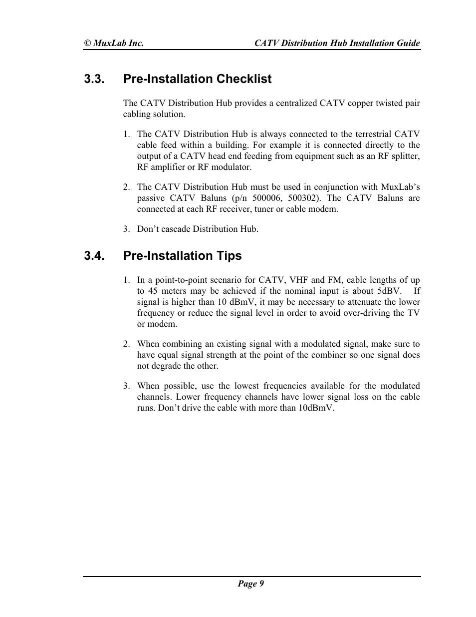 Pre-installation checklist, Pre-installation tips | Muxlab CATV Hub User Manual | Page 9 / 16