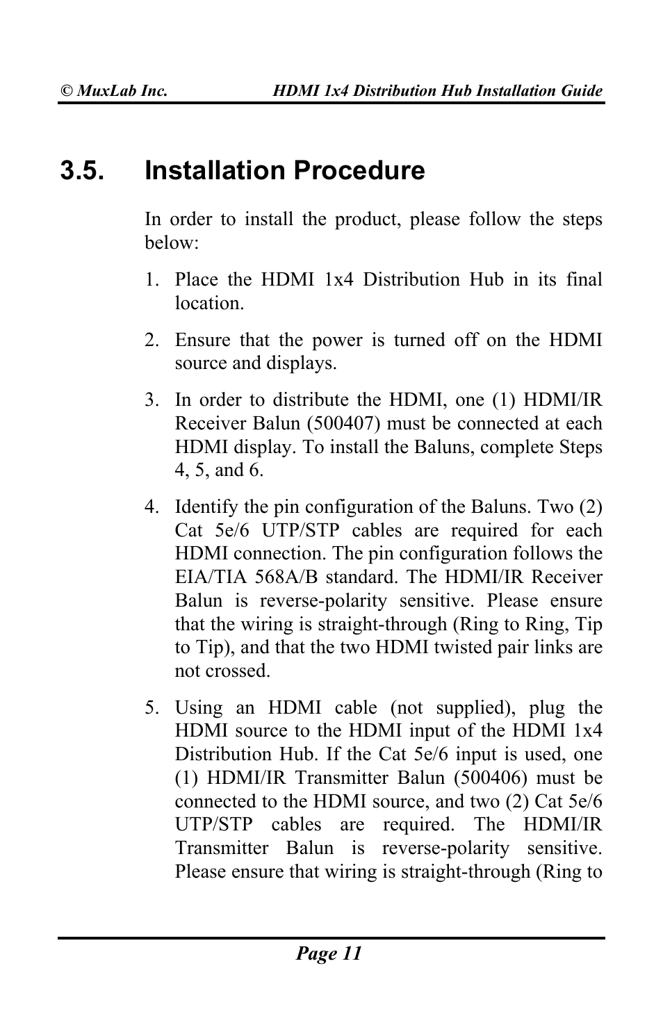 Installation procedure | Muxlab HDMI 1x4 Distribution Hub User Manual | Page 11 / 24