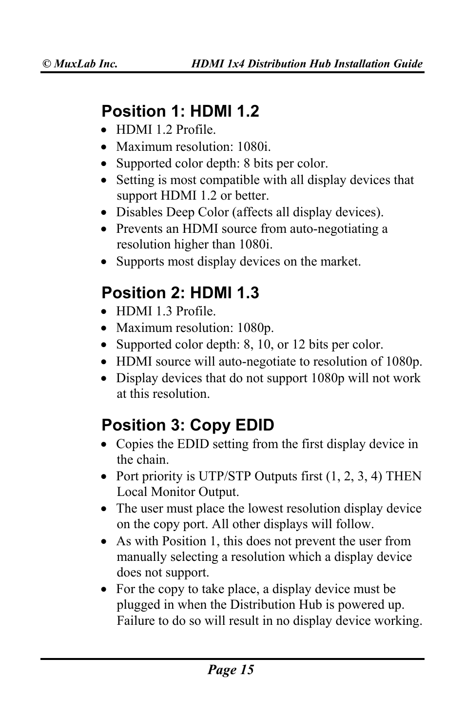 Position 1: hdmi 1.2, Position 2: hdmi 1.3, Position 3: copy edid | Muxlab HDMI 1x4 Distribution Hub User Manual | Page 15 / 24