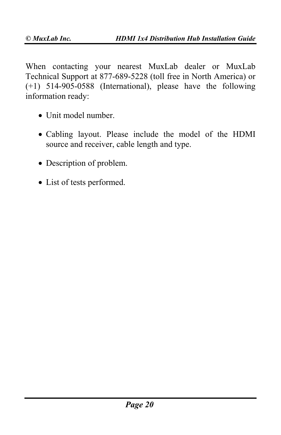 Muxlab HDMI 1x4 Distribution Hub User Manual | Page 20 / 24