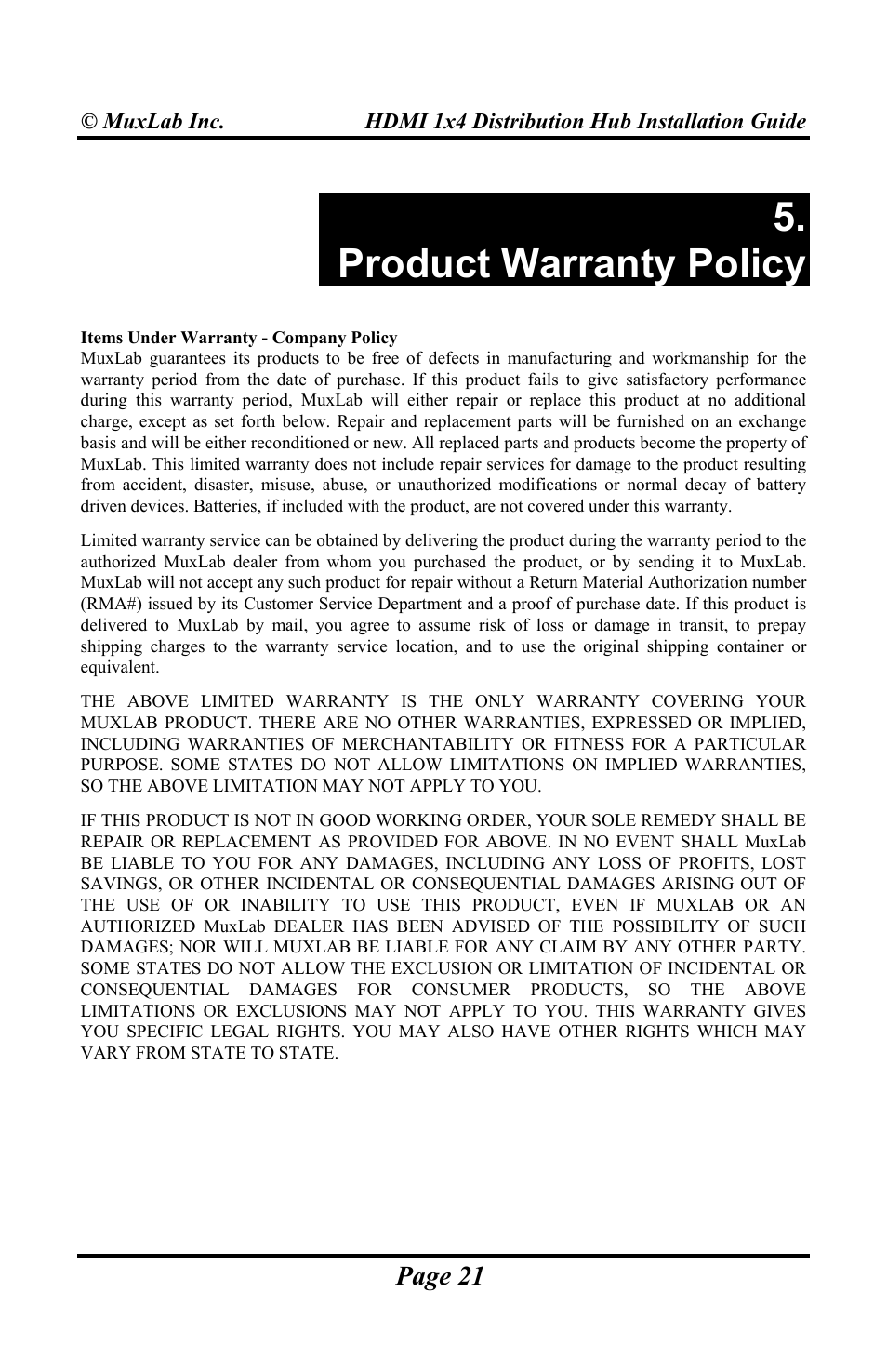 Product warranty policy | Muxlab HDMI 1x4 Distribution Hub User Manual | Page 21 / 24