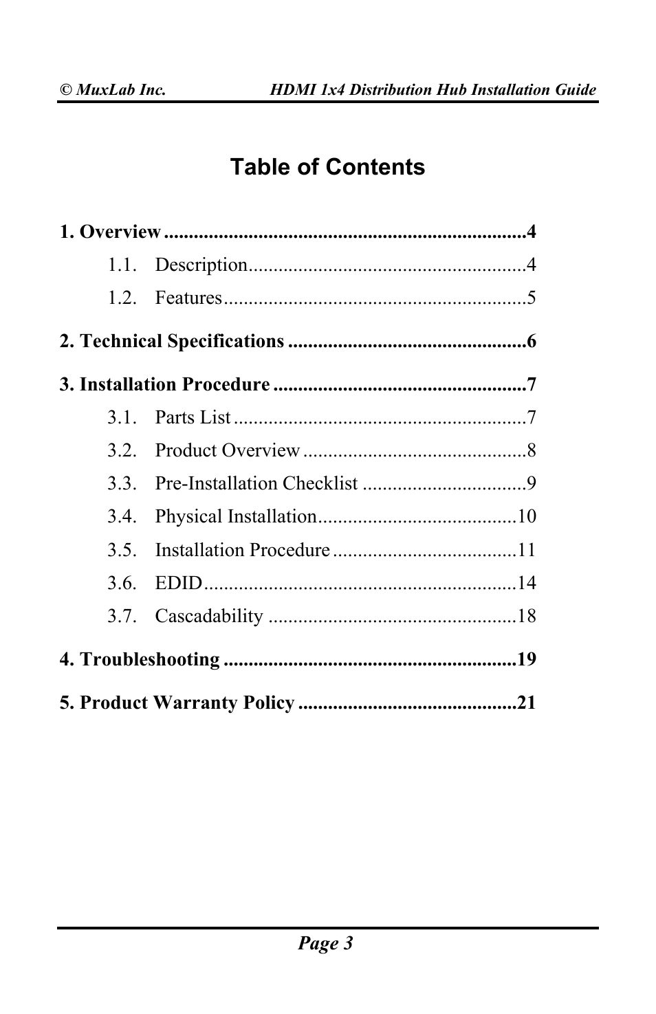 Muxlab HDMI 1x4 Distribution Hub User Manual | Page 3 / 24