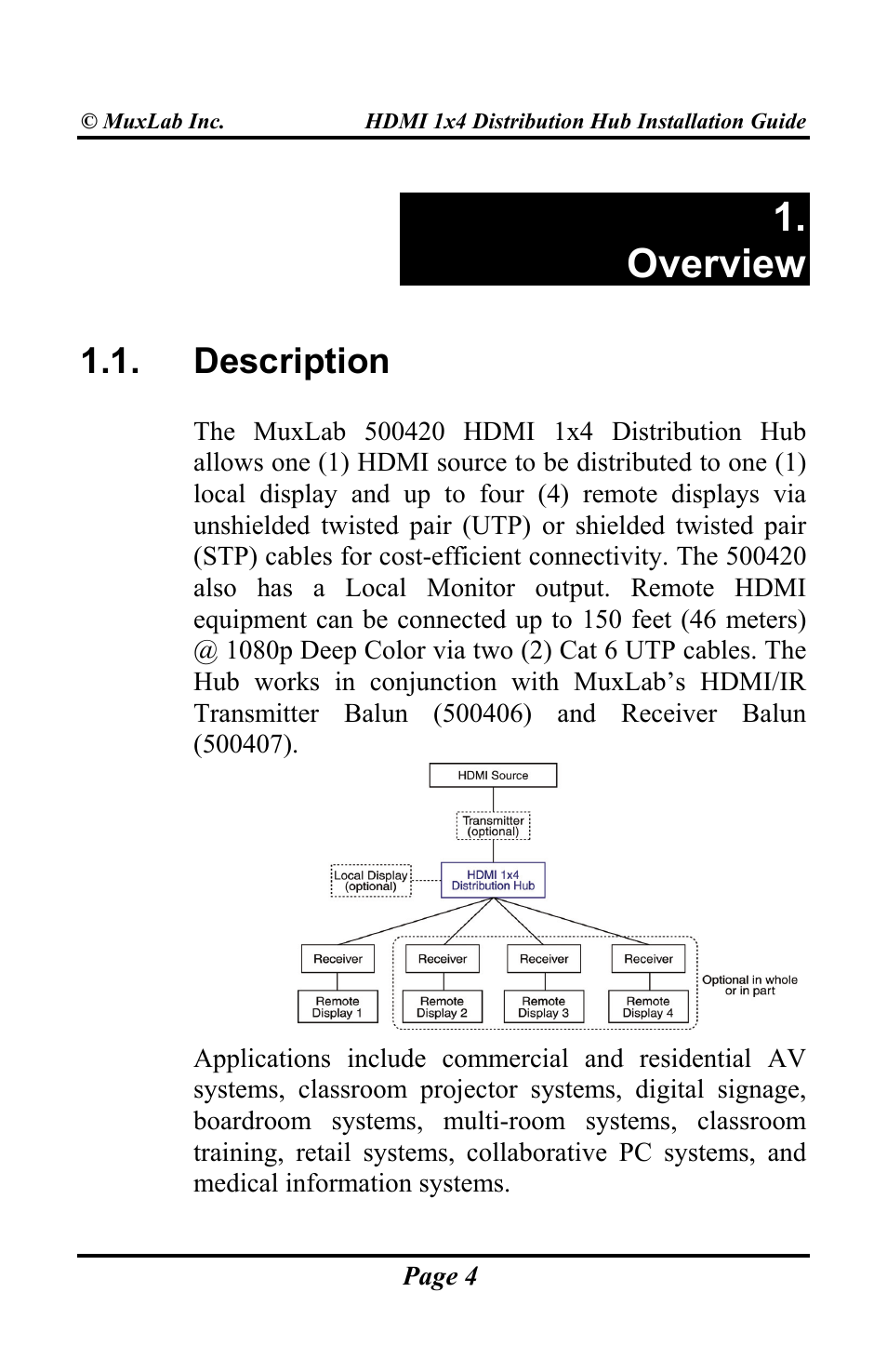 Overview, Description | Muxlab HDMI 1x4 Distribution Hub User Manual | Page 4 / 24