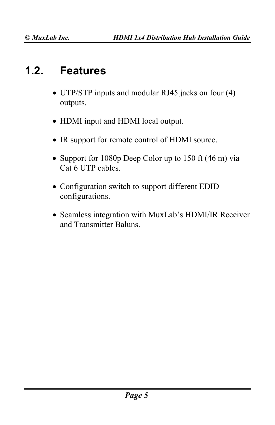 Features | Muxlab HDMI 1x4 Distribution Hub User Manual | Page 5 / 24