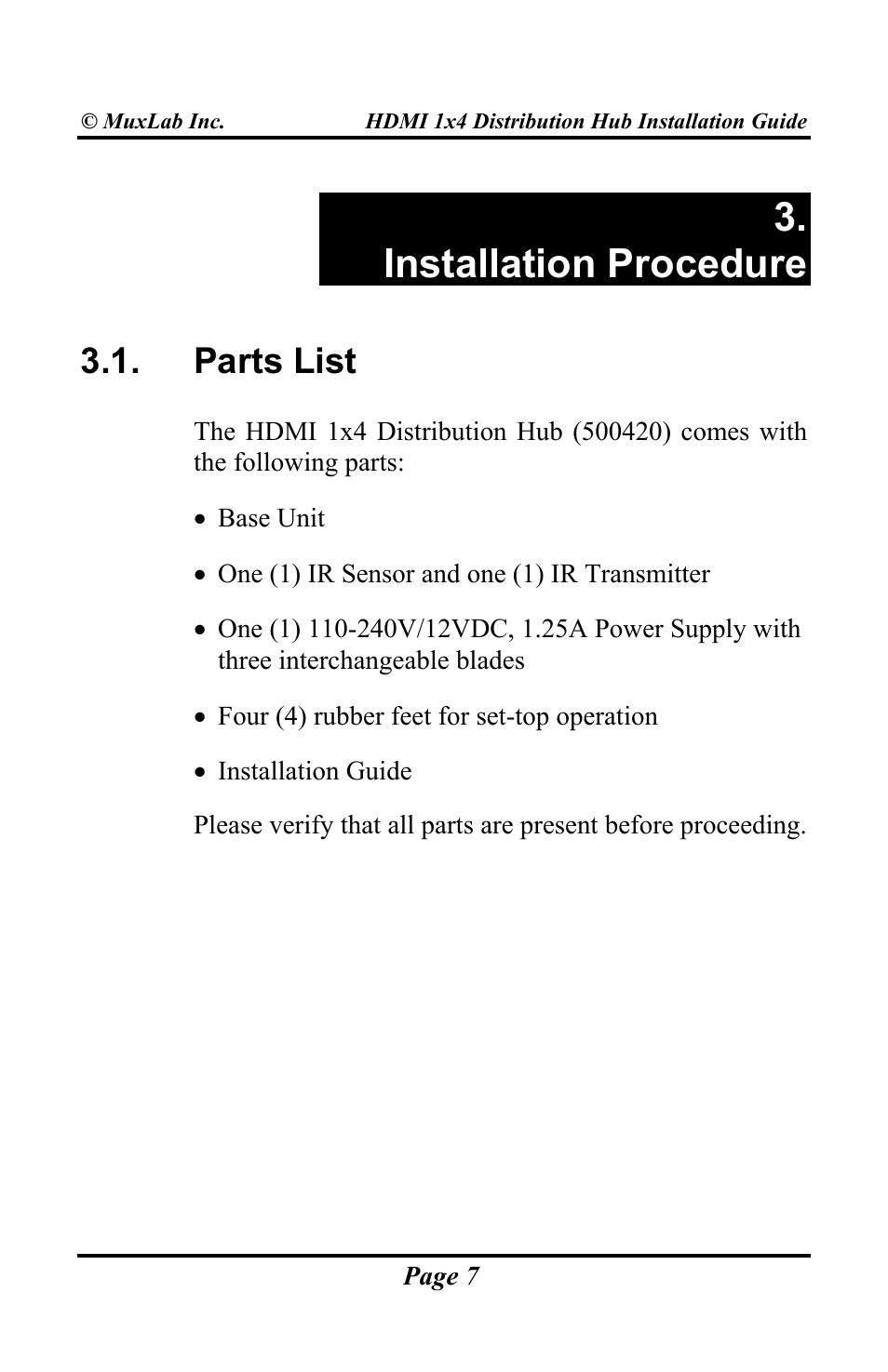 Installation procedure, Parts list | Muxlab HDMI 1x4 Distribution Hub User Manual | Page 7 / 24