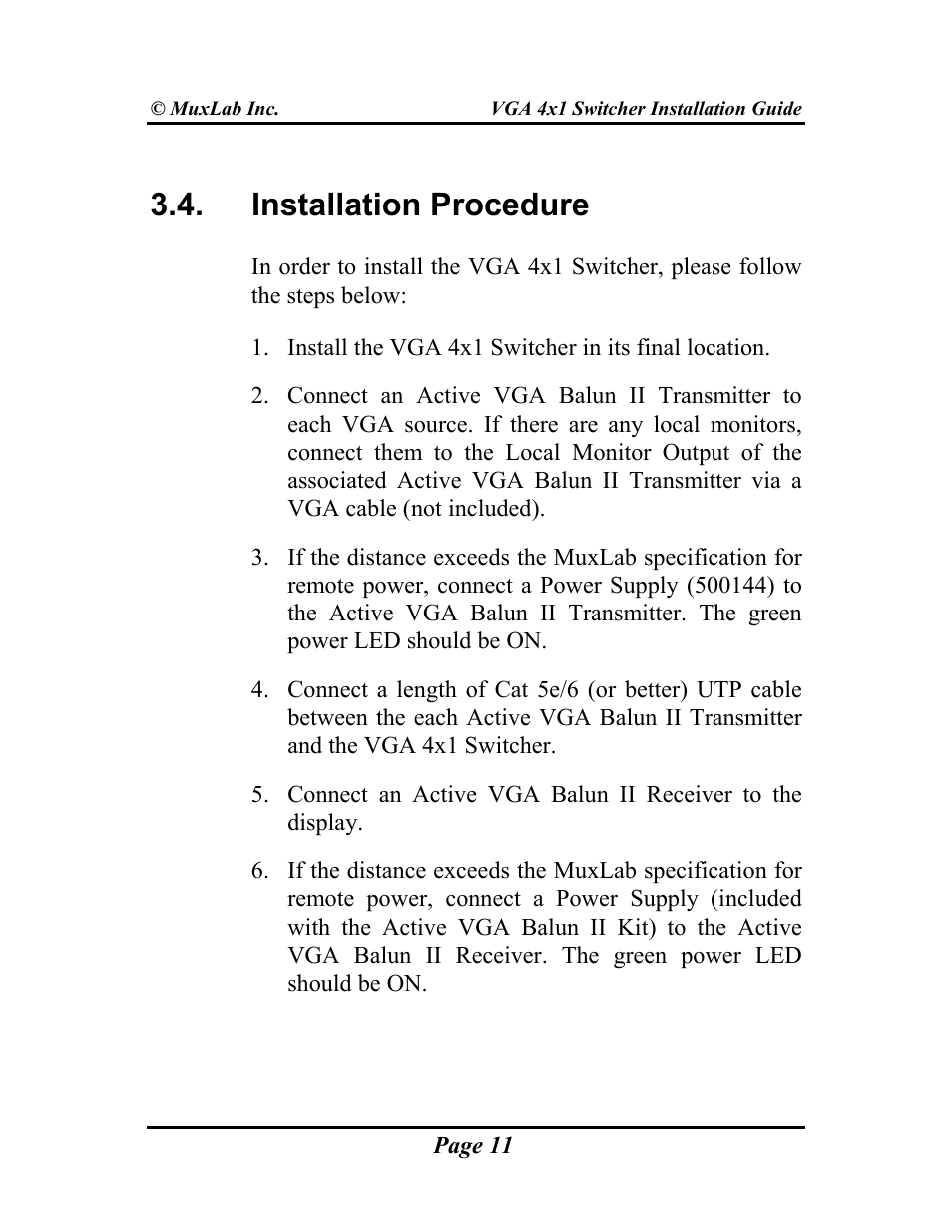 Installation procedure | Muxlab VGA 4x1 Switcher User Manual | Page 11 / 32