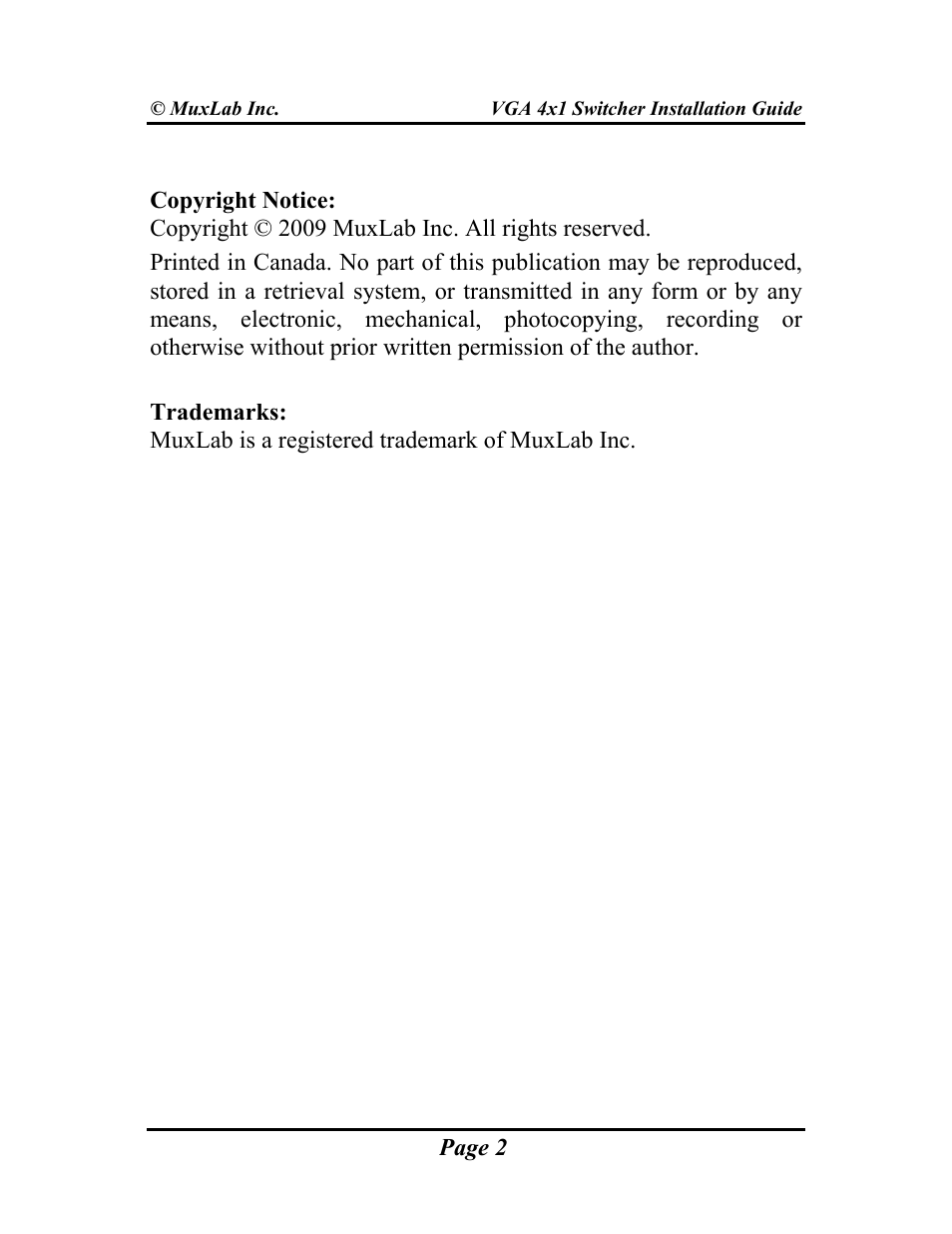 Muxlab VGA 4x1 Switcher User Manual | Page 2 / 32