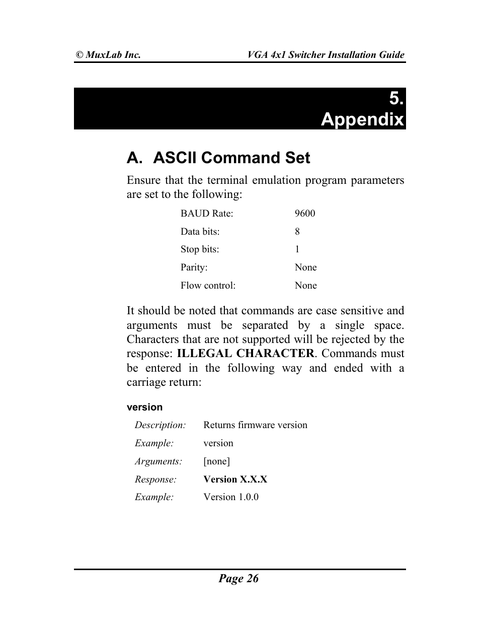 Appendix, A. ascii command set | Muxlab VGA 4x1 Switcher User Manual | Page 26 / 32