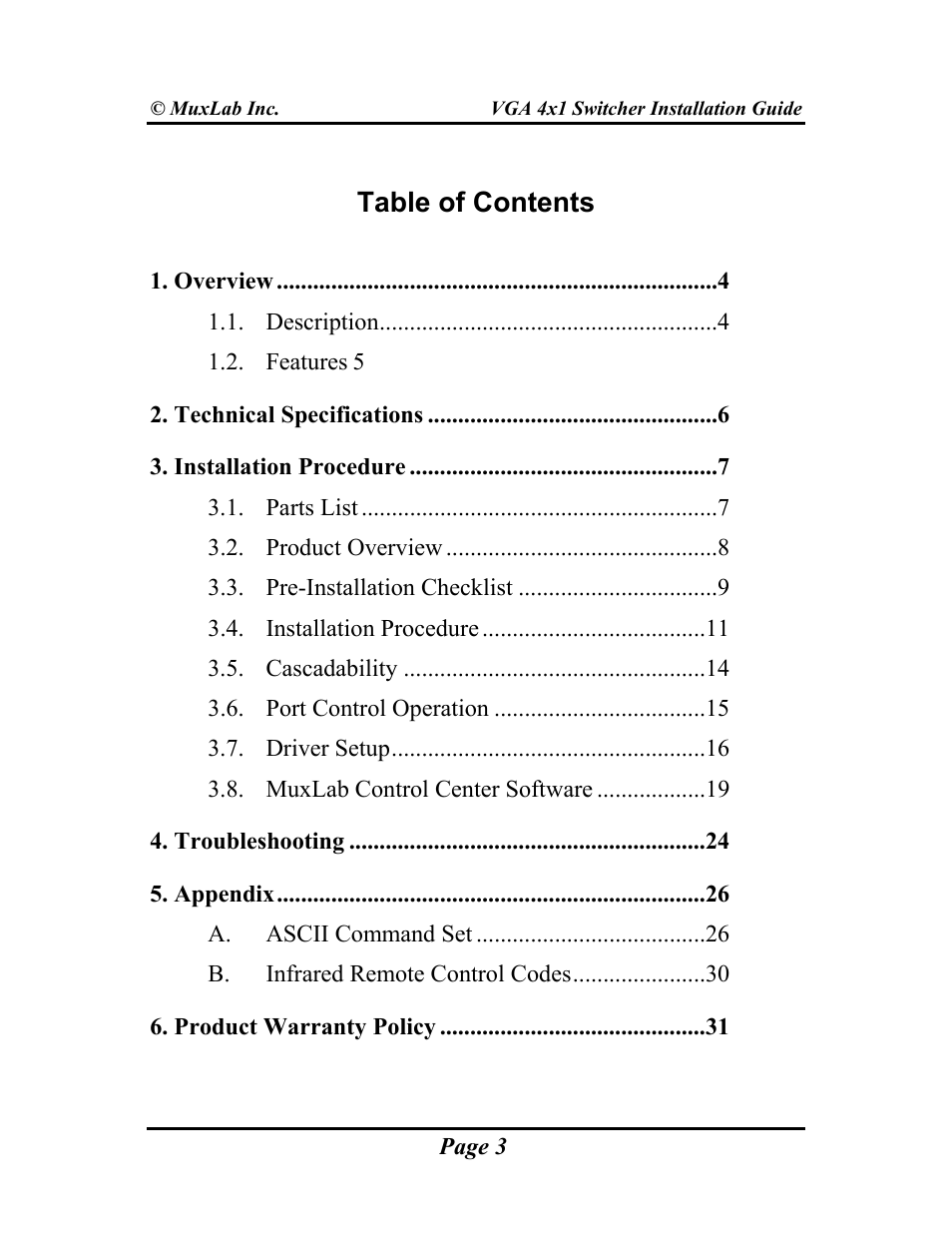 Muxlab VGA 4x1 Switcher User Manual | Page 3 / 32