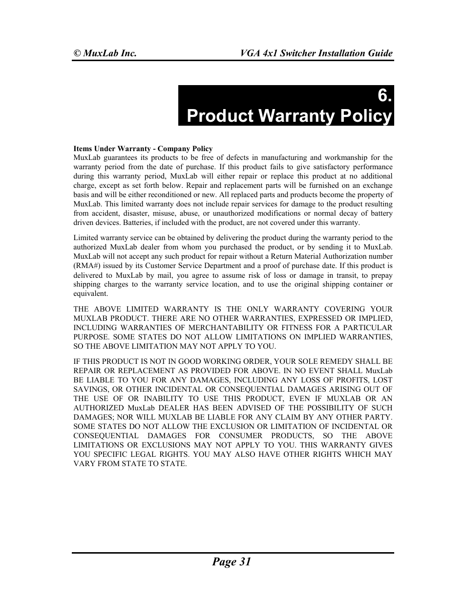 Product warranty policy | Muxlab VGA 4x1 Switcher User Manual | Page 31 / 32