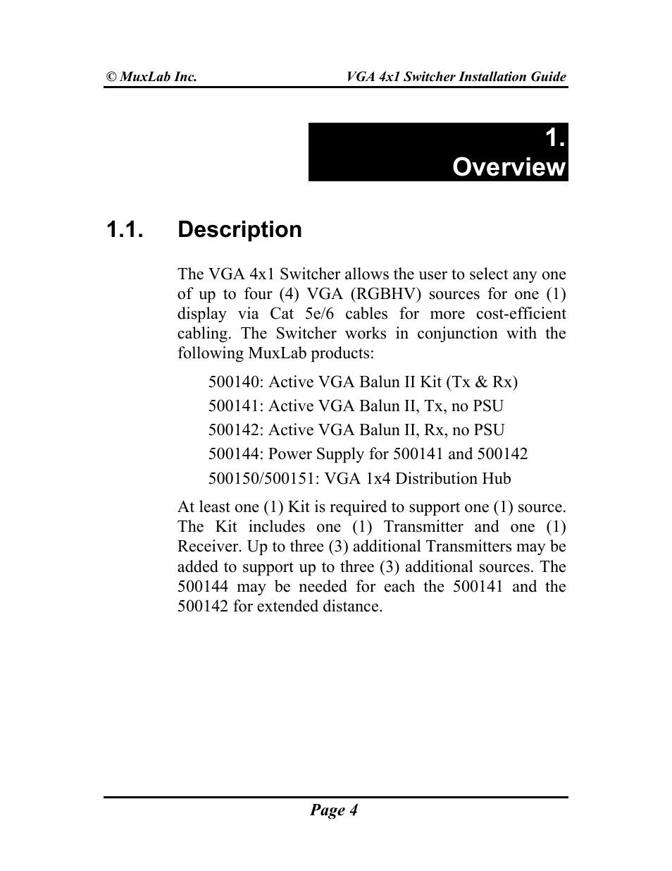 Overview, Description | Muxlab VGA 4x1 Switcher User Manual | Page 4 / 32