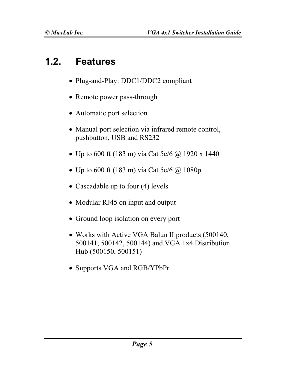 Features | Muxlab VGA 4x1 Switcher User Manual | Page 5 / 32