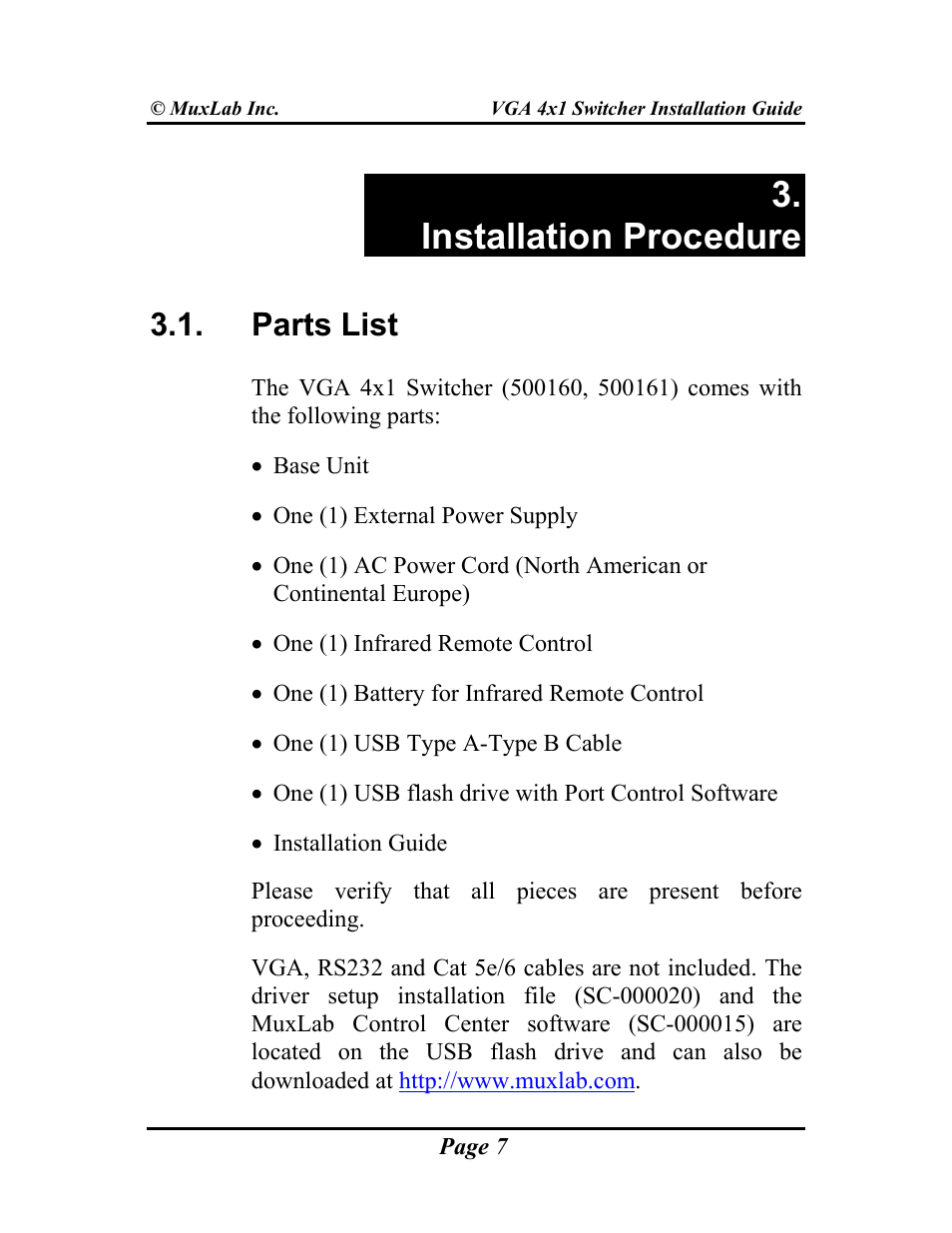 Installation procedure, Parts list | Muxlab VGA 4x1 Switcher User Manual | Page 7 / 32