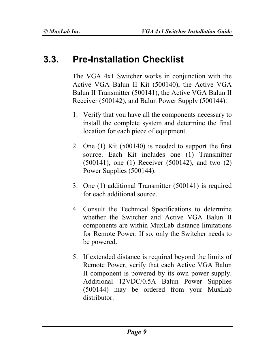 Pre-installation checklist | Muxlab VGA 4x1 Switcher User Manual | Page 9 / 32