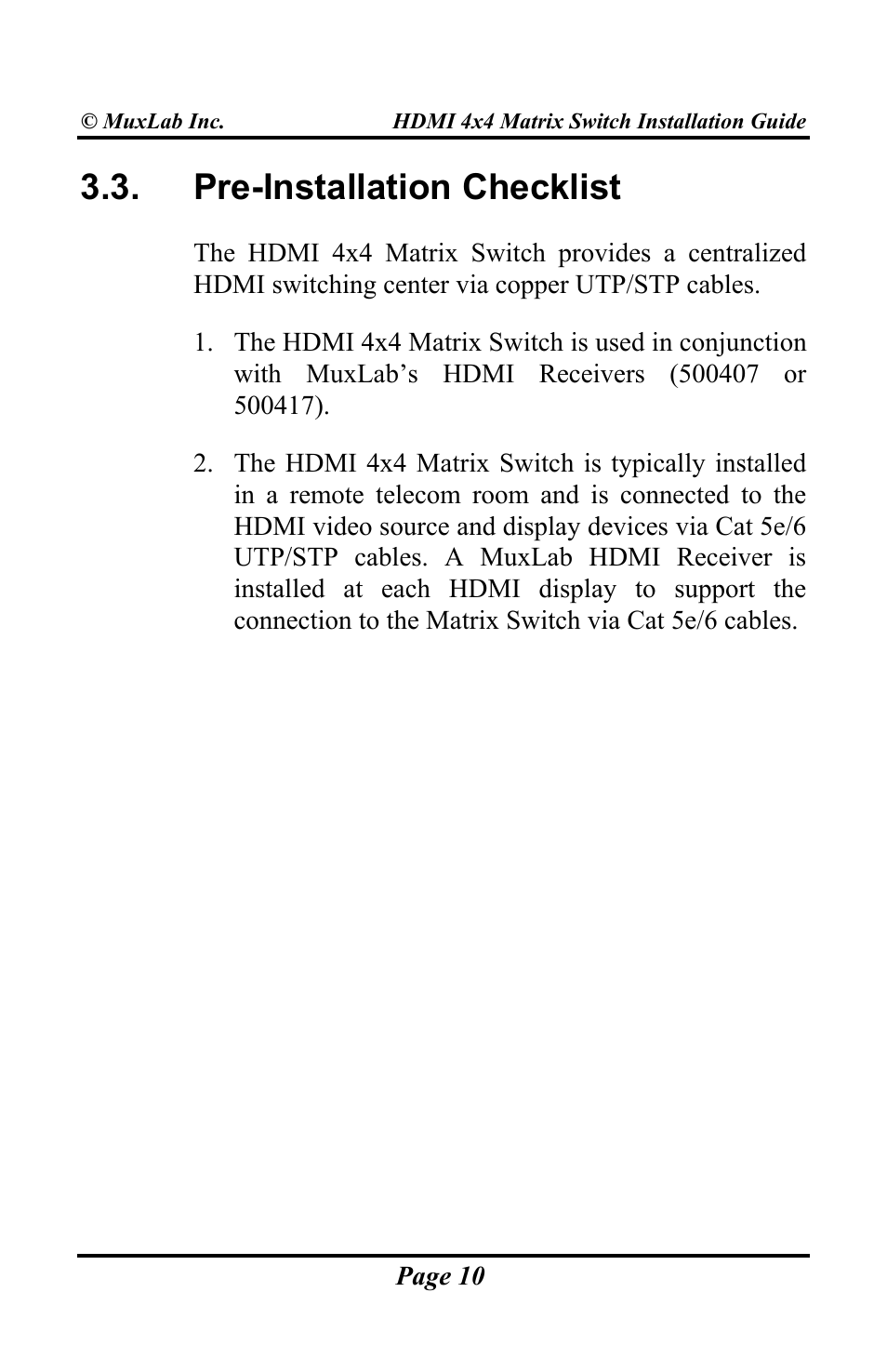 Pre-installation checklist | Muxlab HDMI 4x4 Matrix Switch User Manual | Page 10 / 44