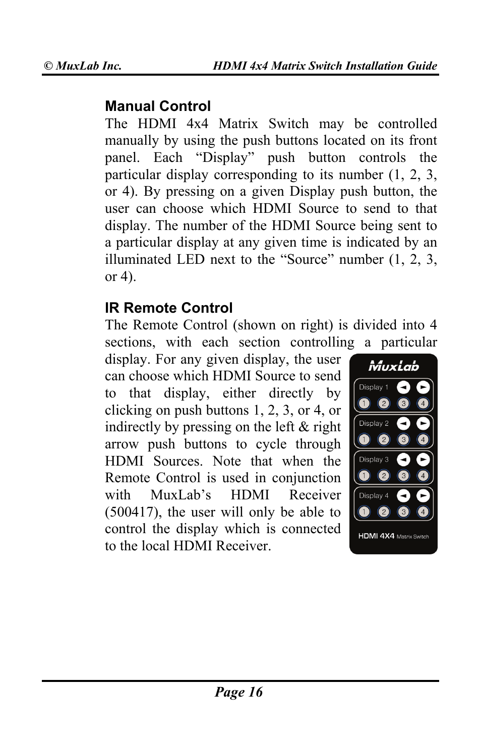 Muxlab HDMI 4x4 Matrix Switch User Manual | Page 16 / 44