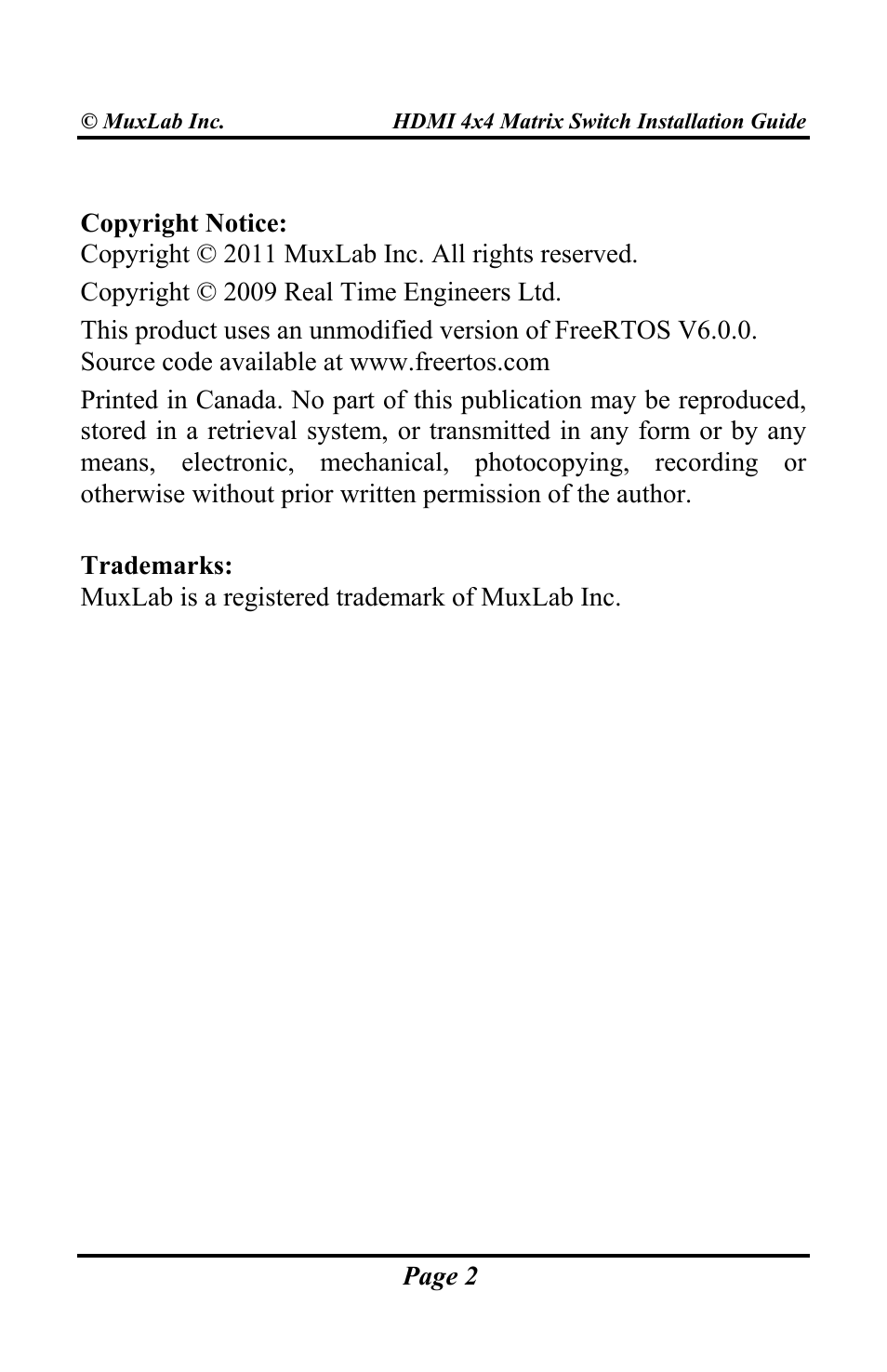 Muxlab HDMI 4x4 Matrix Switch User Manual | Page 2 / 44