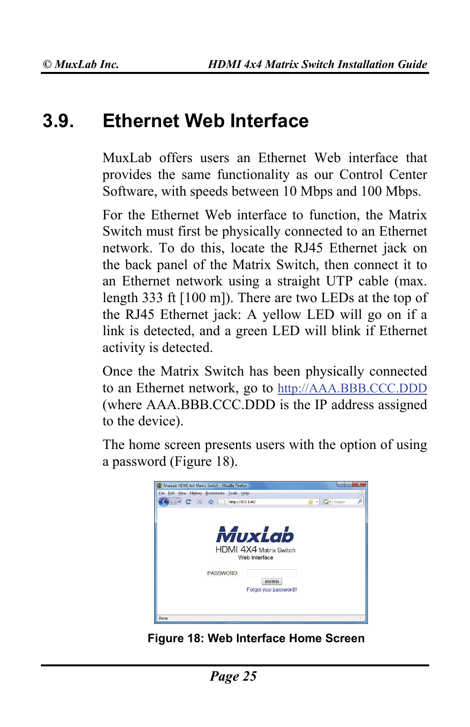 Ethernet web interface | Muxlab HDMI 4x4 Matrix Switch User Manual | Page 25 / 44