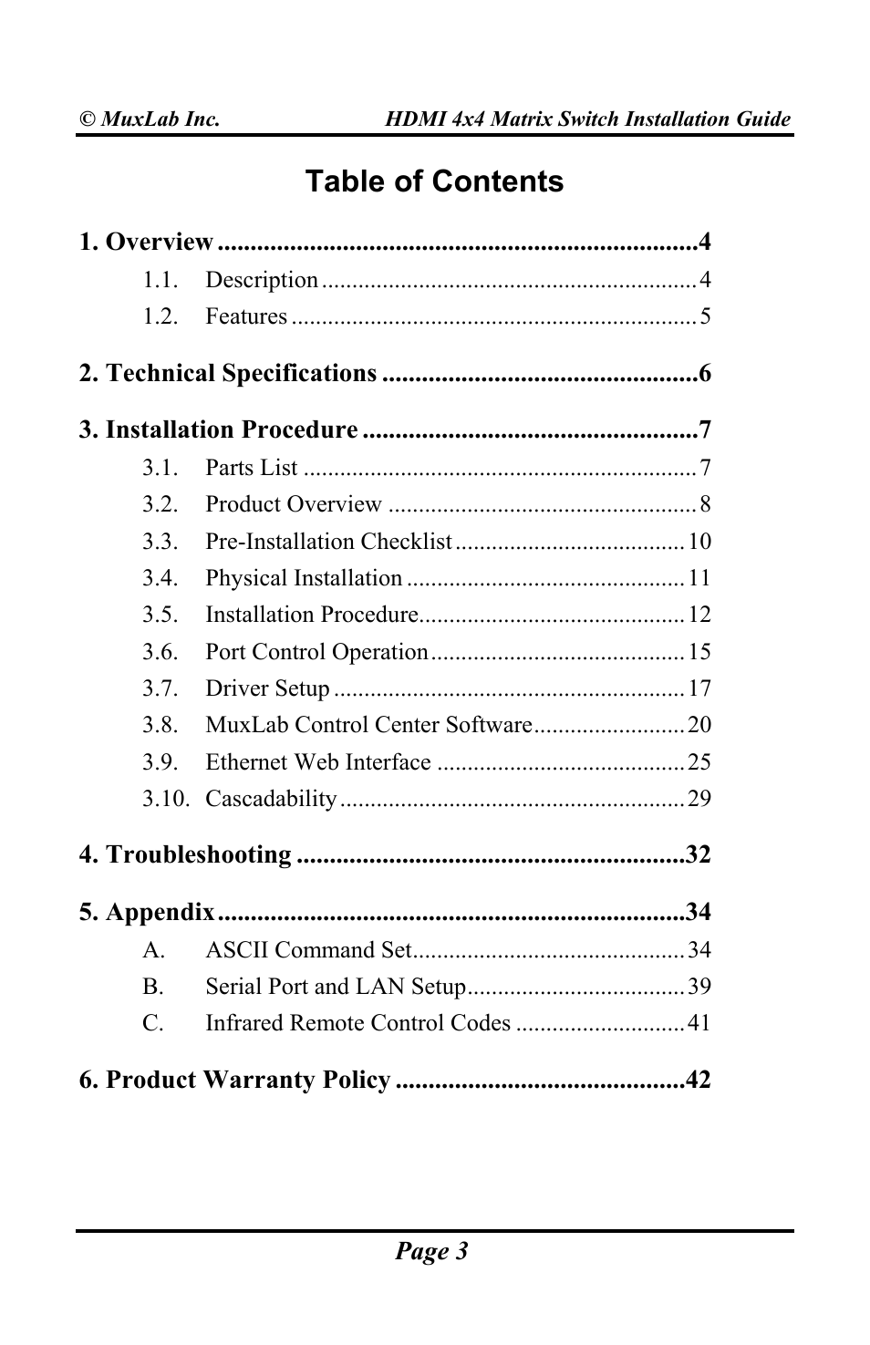 Muxlab HDMI 4x4 Matrix Switch User Manual | Page 3 / 44