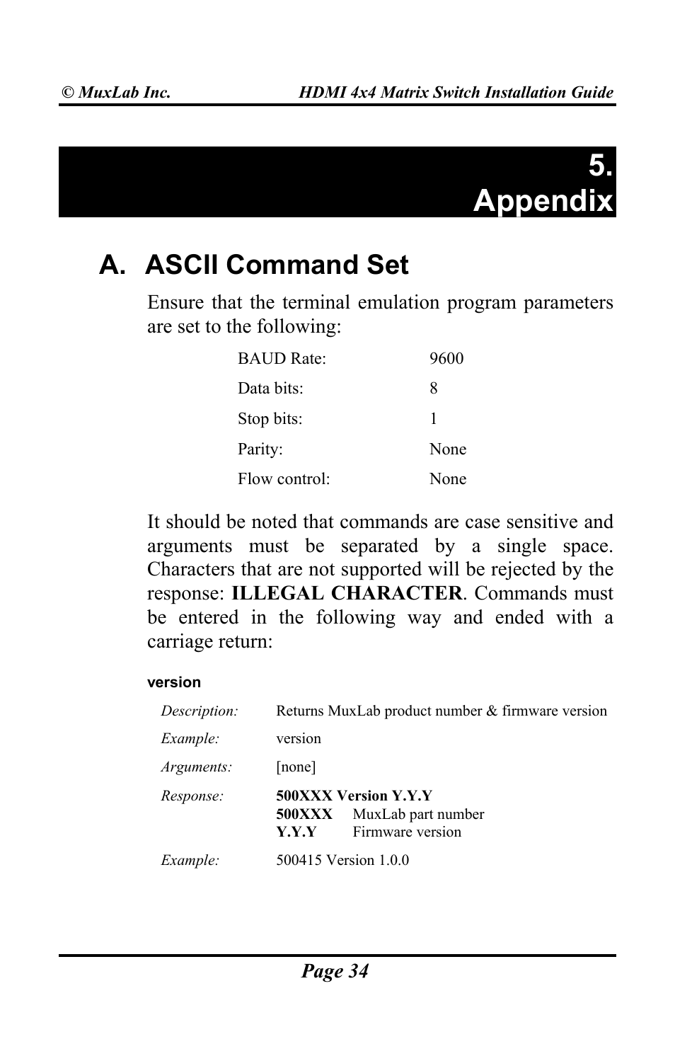 Appendix, A. ascii command set | Muxlab HDMI 4x4 Matrix Switch User Manual | Page 34 / 44