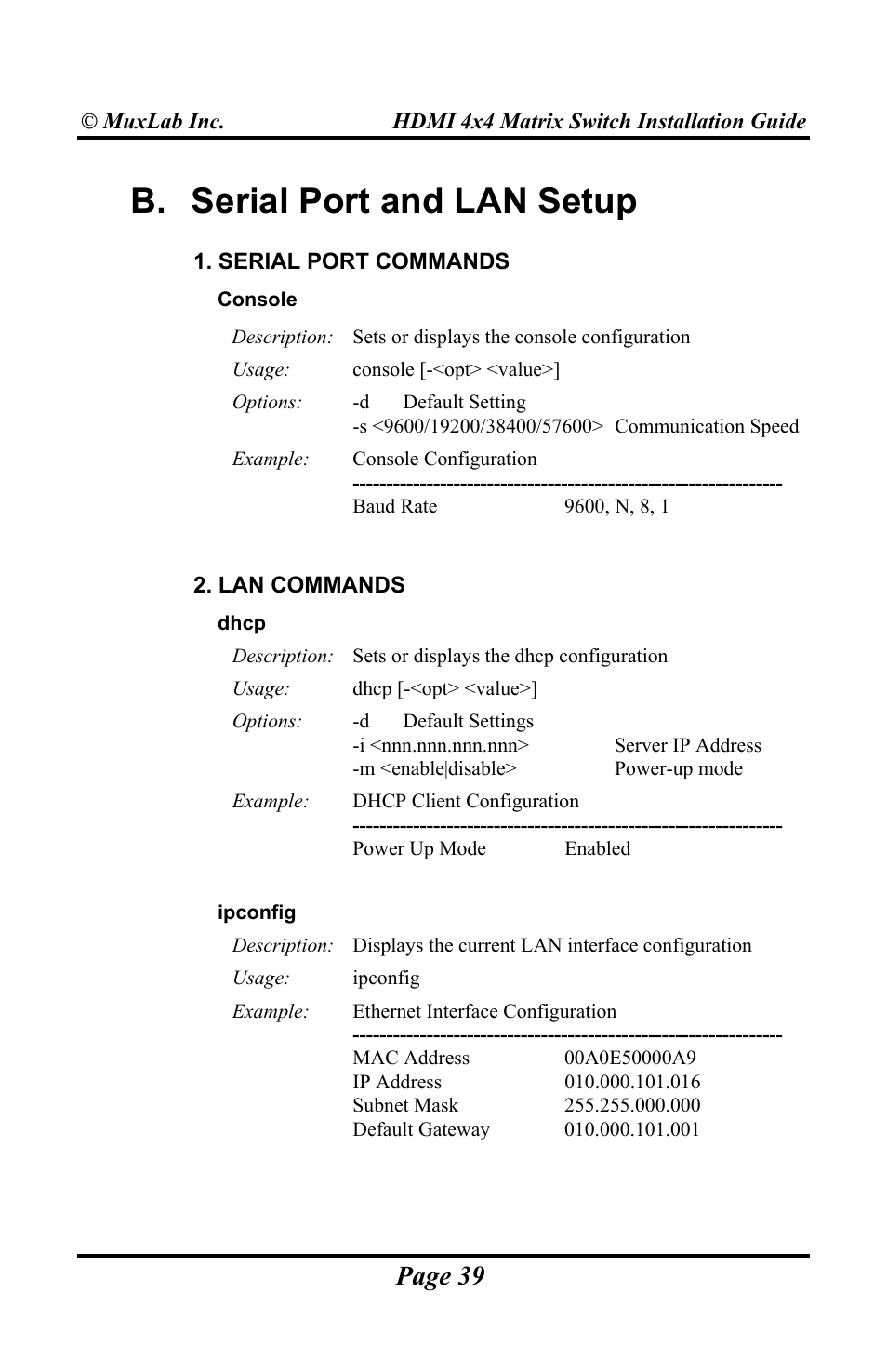 B. serial port and lan setup, Page 39 | Muxlab HDMI 4x4 Matrix Switch User Manual | Page 39 / 44