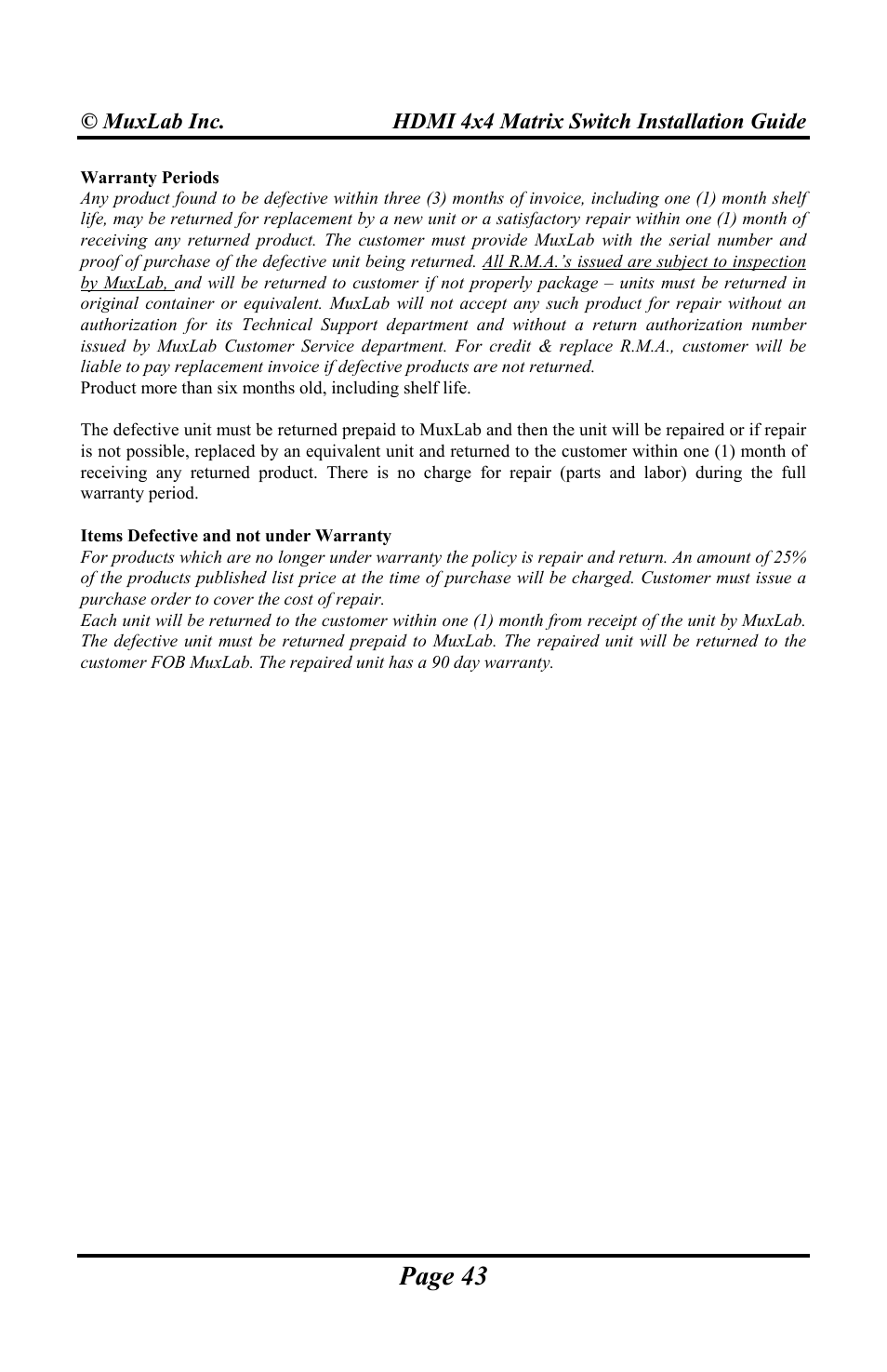 Muxlab HDMI 4x4 Matrix Switch User Manual | Page 43 / 44