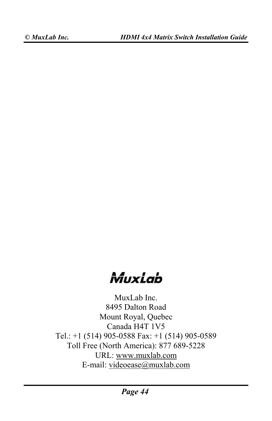 Muxlab HDMI 4x4 Matrix Switch User Manual | Page 44 / 44