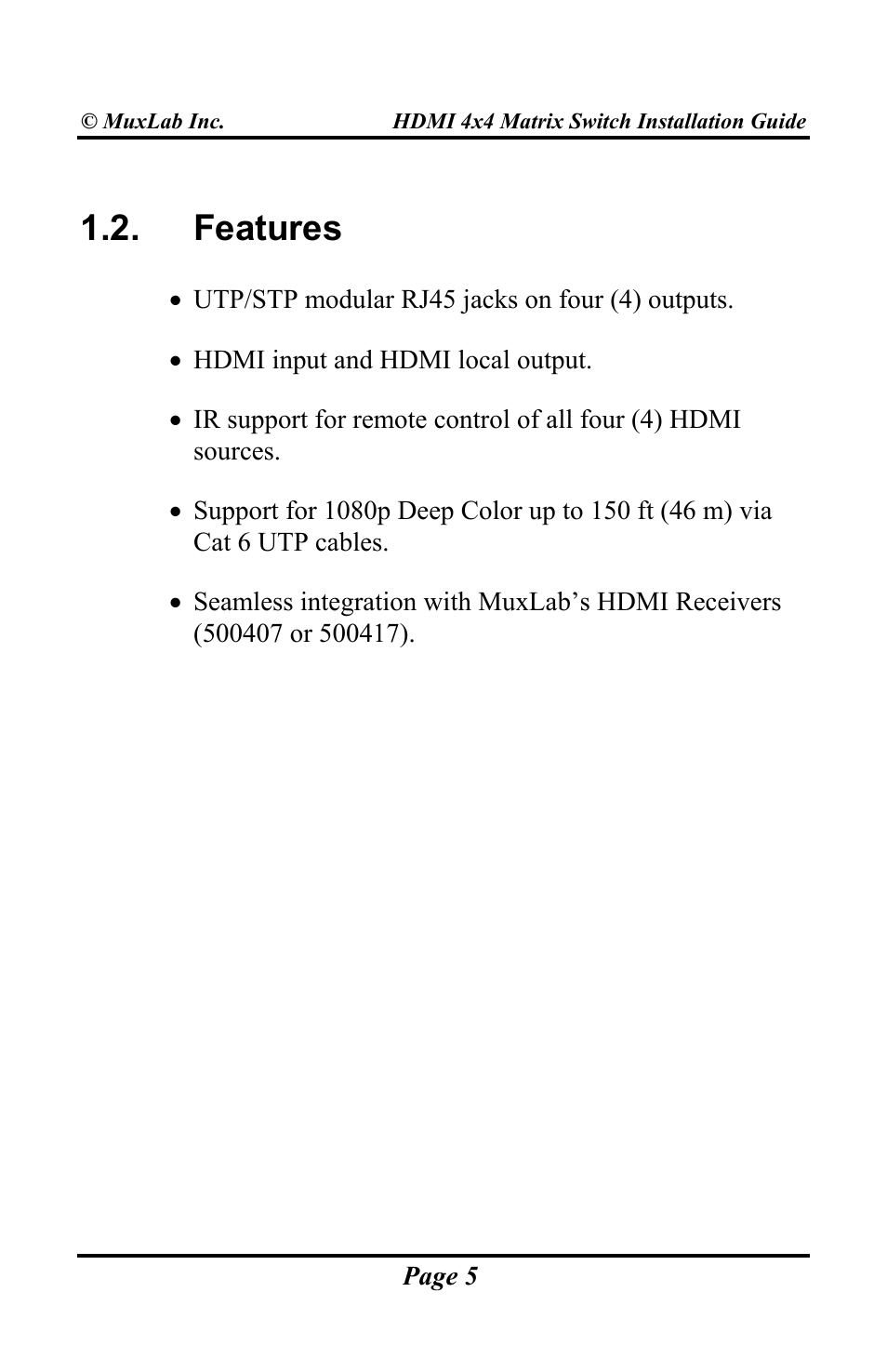 Features | Muxlab HDMI 4x4 Matrix Switch User Manual | Page 5 / 44