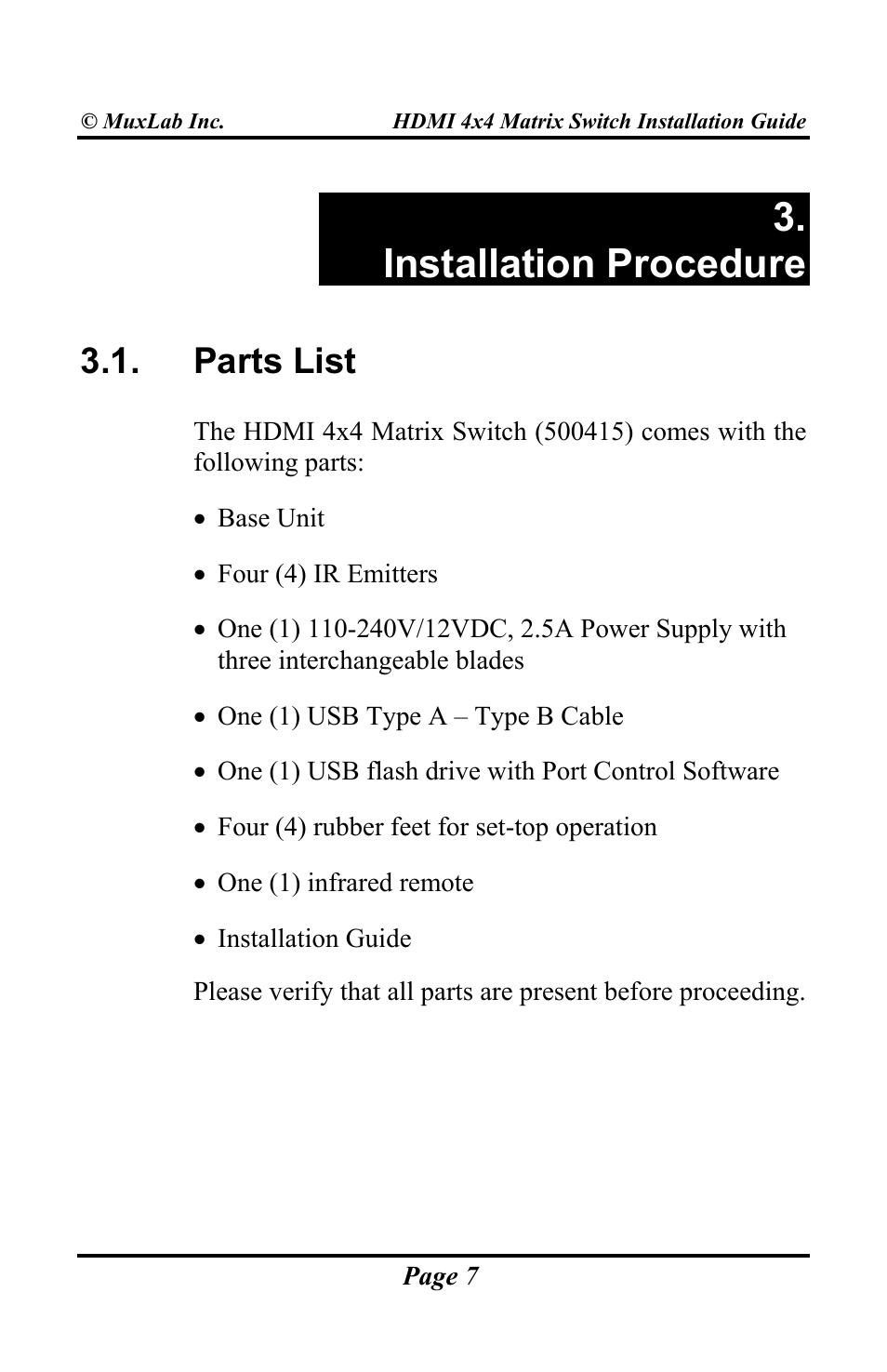 Installation procedure, Parts list | Muxlab HDMI 4x4 Matrix Switch User Manual | Page 7 / 44