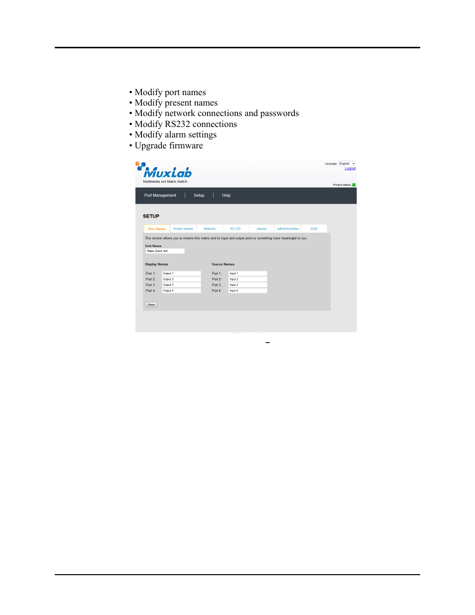 Muxlab HDMI 4×4 Matrix Switch Kit, HDBT, PoE User Manual | Page 25 / 52
