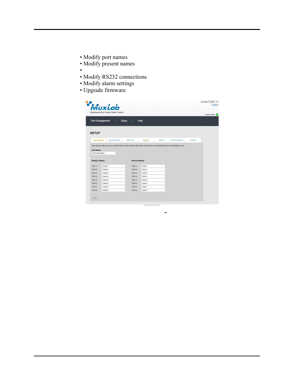 Muxlab 8 x 8 Cat 5e/6 Line Level Audio Matrix Switch User Manual | Page 23 / 47
