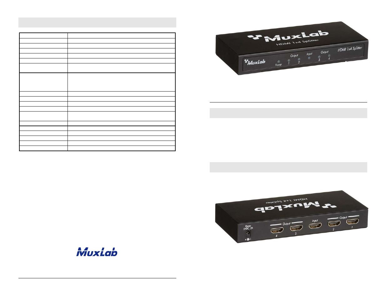 Muxlab HDMI 4K 1x4 Splitter User Manual | 2 pages