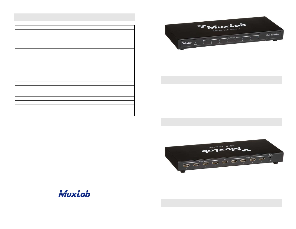 Muxlab HDMI 4K 1x8 Splitter User Manual | 2 pages