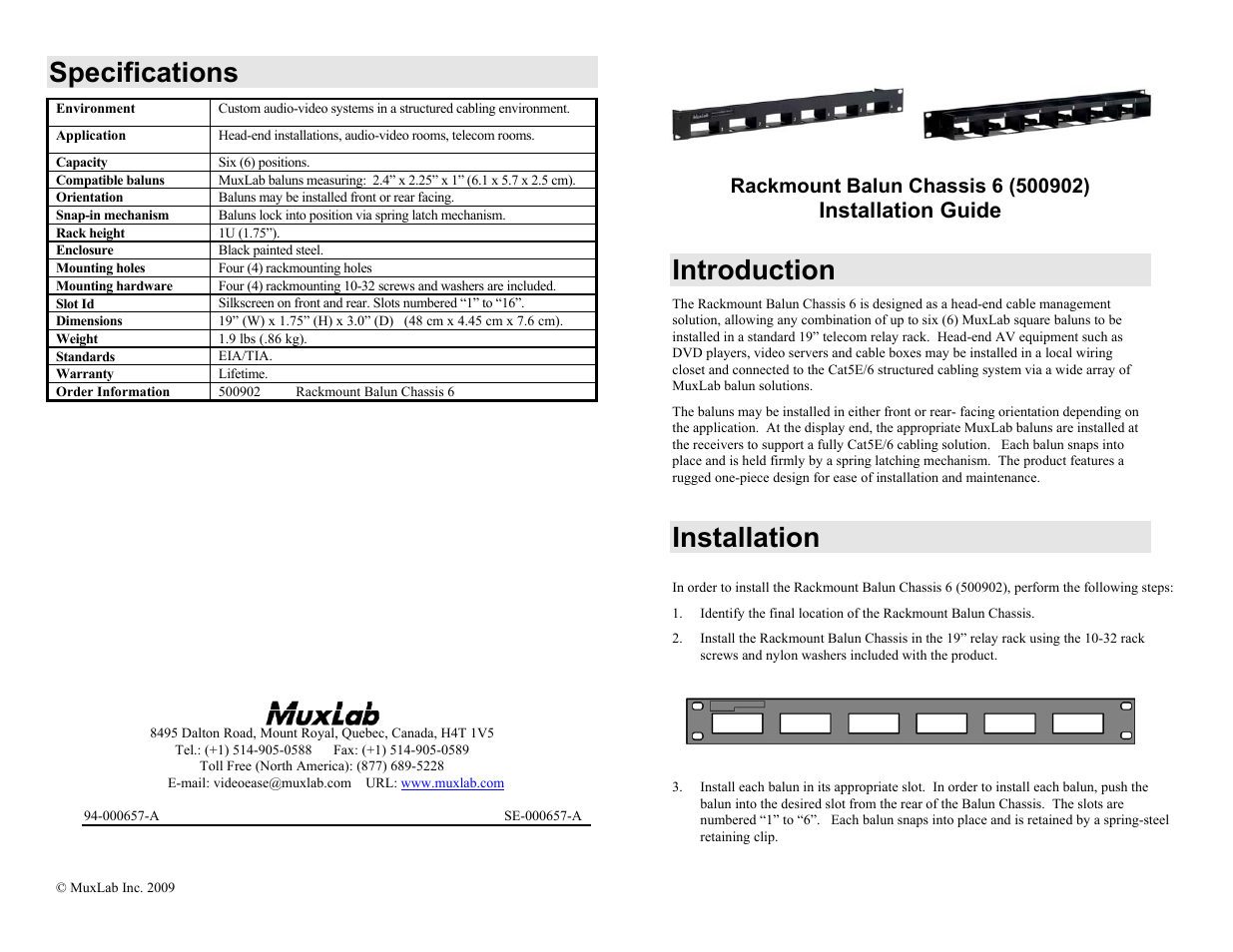 Muxlab Rackmount Balun Chassis 6 User Manual | 2 pages