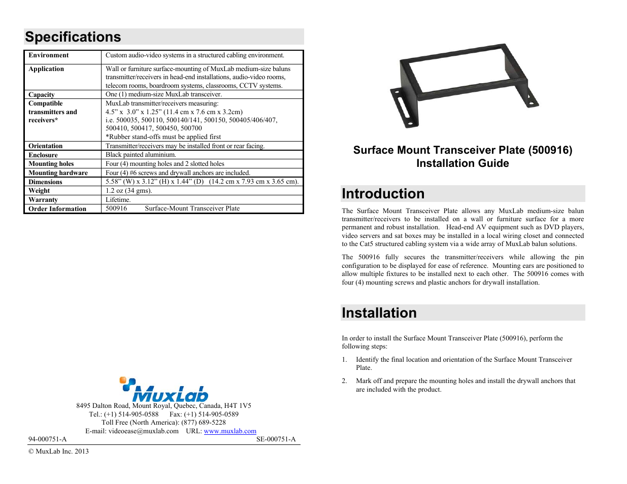 Muxlab Surface Mount Transceiver Plate User Manual | 2 pages
