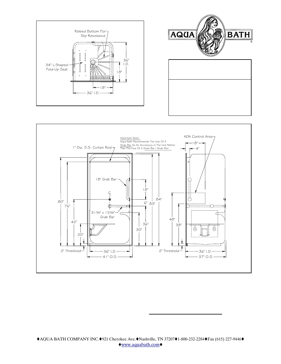 Submittal data, Care series, Top view - right hand shown | Front view and right side view, Ada compliant | Aqua Bath C4136BF-FUS 2 User Manual | Page 2 / 3