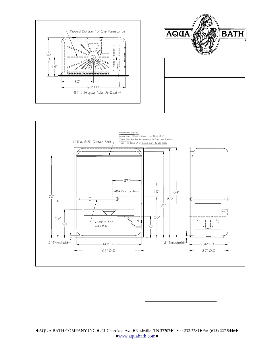 Submittal data, Care series, Top view - right hand shown | Front view and right side view, Ada compliant | Aqua Bath C6536BF-FUS 2 User Manual | Page 2 / 3
