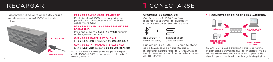 Recargar, Conectarse | Jawbone JAMBOX User Manual | Page 14 / 20