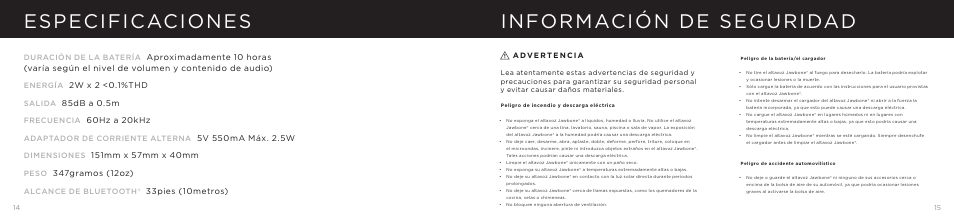 Especificaciones información de seguridad | Jawbone JAMBOX User Manual | Page 18 / 20