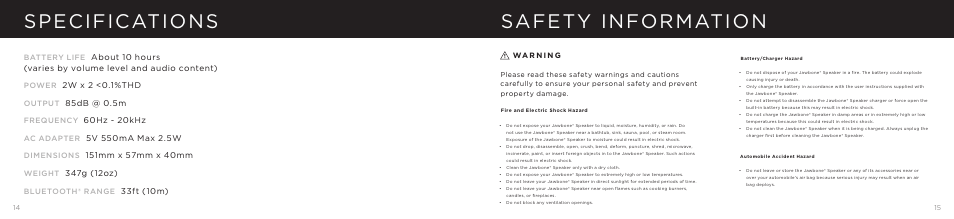 Specifications safety information | Jawbone JAMBOX User Manual | Page 8 / 20