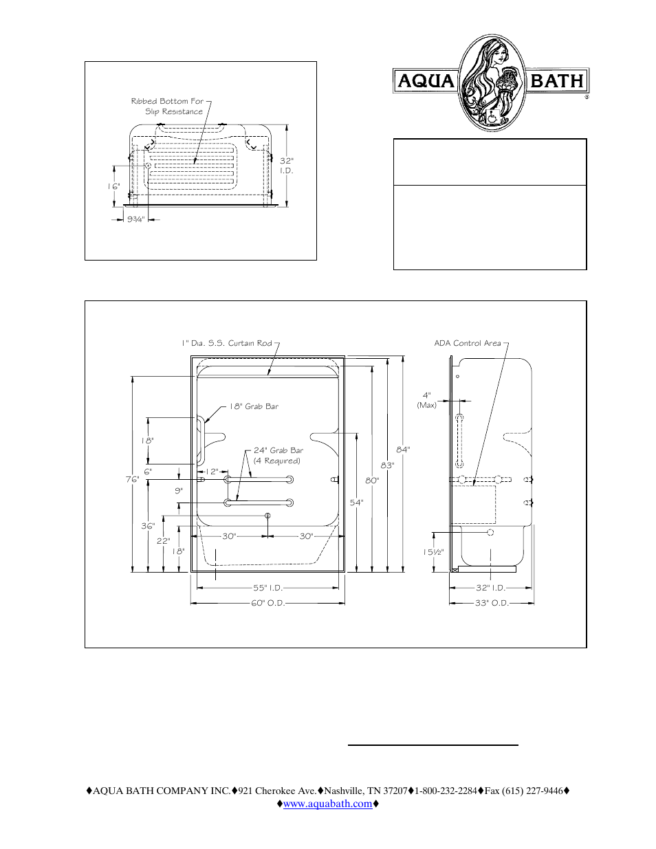 Submittal data, Care series, Top view - left hand shown | Front view and right side view, Ada compliant, C6032ts | Aqua Bath C6032TS User Manual | Page 2 / 3